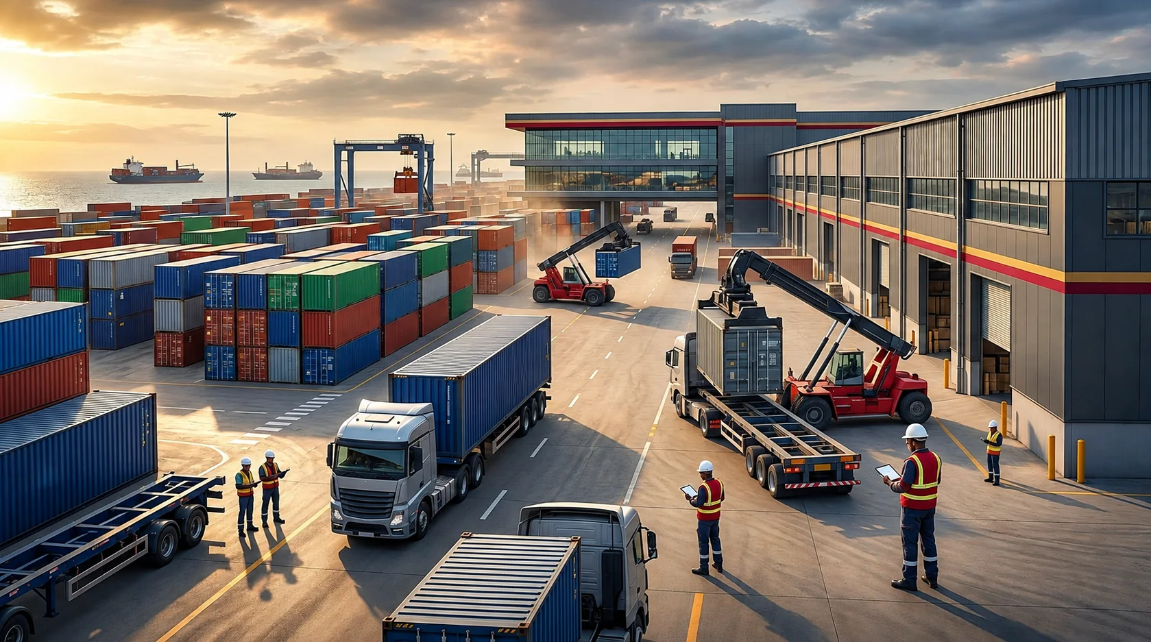 Shipping containers and cargo logistics warehouse representing trade and distribution